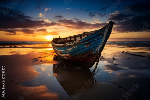 An AI illustration of a boat on the beach at sunset with an ocean reflection in it