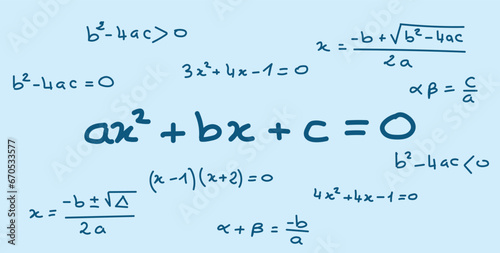 Quadratic equation formula. Scientific seamless pattern. Math formula equation doodle handwriting concept. Mathematics resources for teachers and students.