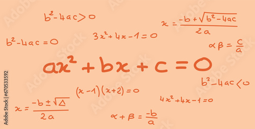 Quadratic equation formula. Scientific seamless pattern. Math formula equation doodle handwriting concept. Mathematics resources for teachers and students.