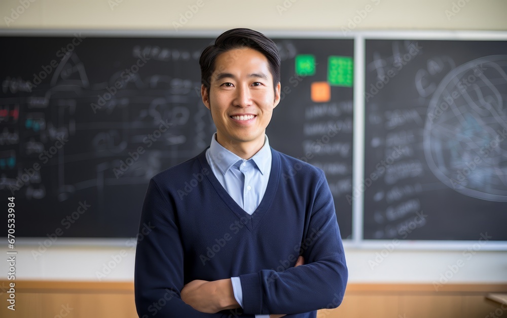 Fototapeta premium Portrait of young adult male teacher inside a classroom feeling proud and confidence.