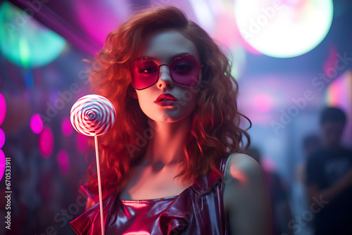 Rave girl with a lollipop on a rave party at night looking at the camera.
fun rave girl. woman partying