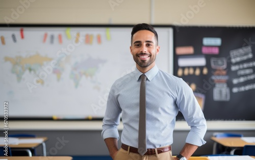 Portrait of young adult male teacher inside a classroom feeling proud and confidence.