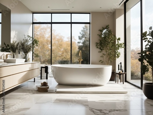 Sleek Modern Bathroom Design with Freestanding Bathtub and Frameless Glass Shower Enclosure