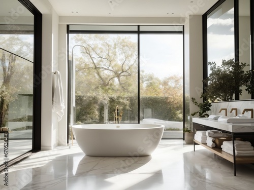 Sleek Modern Bathroom Design with Freestanding Bathtub and Frameless Glass Shower Enclosure