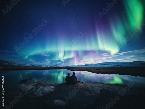 two people watching the aurora borers across a lake in iceland photo