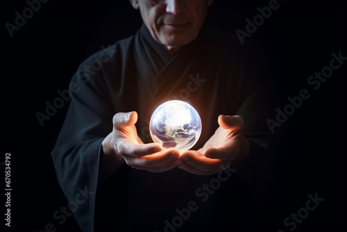 Monk holds the earth (globe) in his hands. Creation of the Earth by God. photo