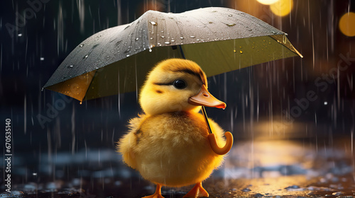 photrealistic version of a duckling holding an umbrella photo