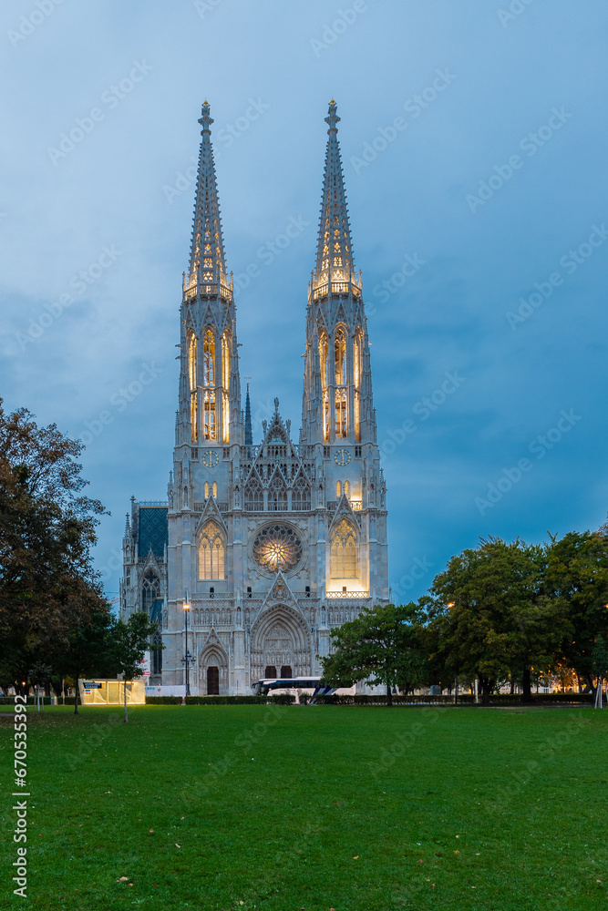 Vienne, Austria 10-26-2023 Votive Church is a neo-Gothic style church located on Ring street in Vienna. The origin derives from a failed assassination attempt on the Emperor by the Hungarian 