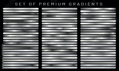 Silver foil texture set background. Vector shiny and metal steel gradient collection for chrome border, iron frame, ribbon or label design