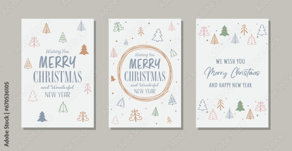 Hand drawn Christmas greeting card set with trees. Vector illustration