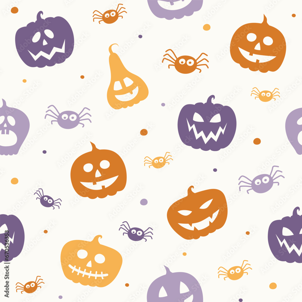 Halloween pattern with creepy pumpkins and spiders. Seamless texture. Vector Halloween pattern with creepy pumpkins and spiders. Seamless texture. Vector