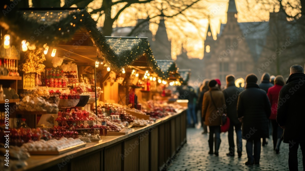 Obraz premium Christmas market outdoor stands, Winter season holiday celebration 