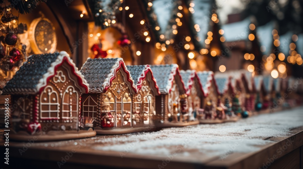 Gingerbread houses at Christmas market stand, Winter season holiday shopping