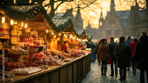Christmas market outdoor stands, Winter season holiday celebration 