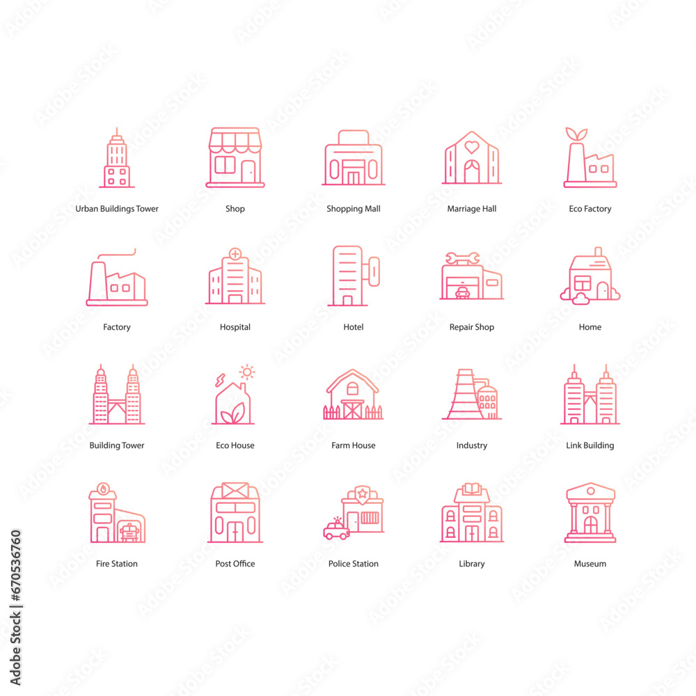 Building icons set, city building, Bank, Hotel, Courthouse. Buildings line icons. City, Real estate, Architecture buildings icons. Hospital, town house, museum. Urban architecture, city skyscraper, do