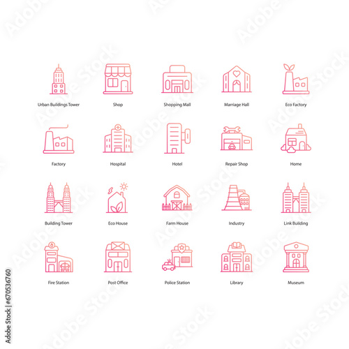 Building icons set, city building, Bank, Hotel, Courthouse. Buildings line icons. City, Real estate, Architecture buildings icons. Hospital, town house, museum. Urban architecture, city skyscraper, do