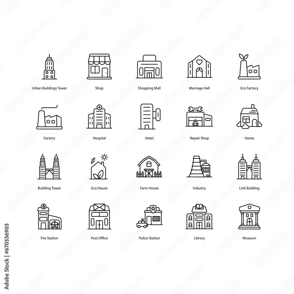 Building icons set, city building, Bank, Hotel, Courthouse. Buildings line icons. City, Real estate, Architecture buildings icons. Hospital, town house, museum. Urban architecture, city skyscraper,