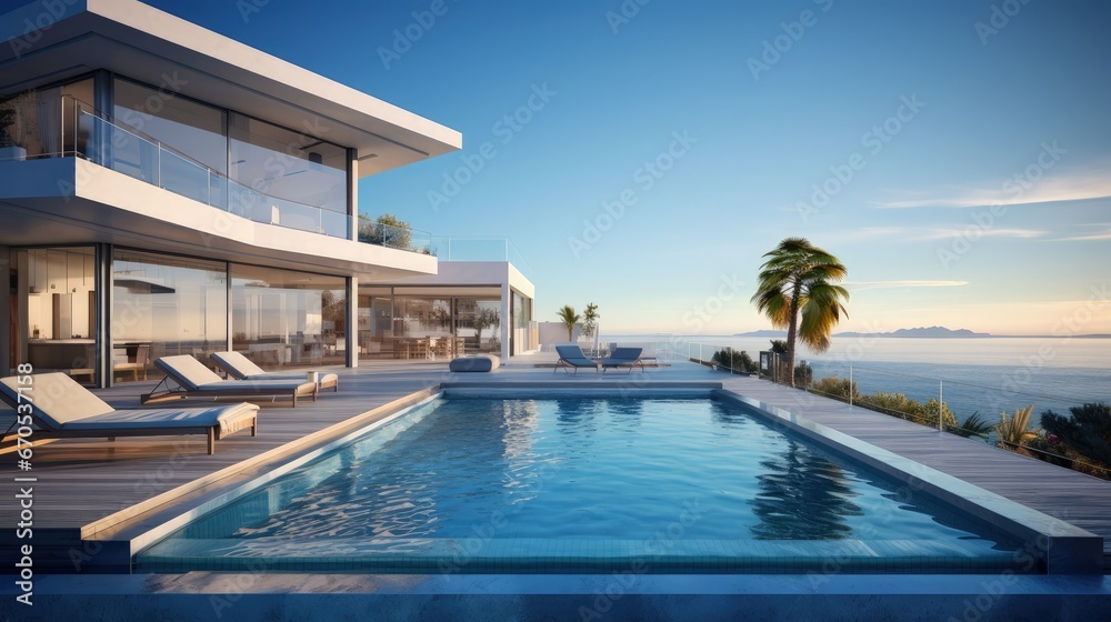 Modern house with a swimming pool, sea view- 3D rendering