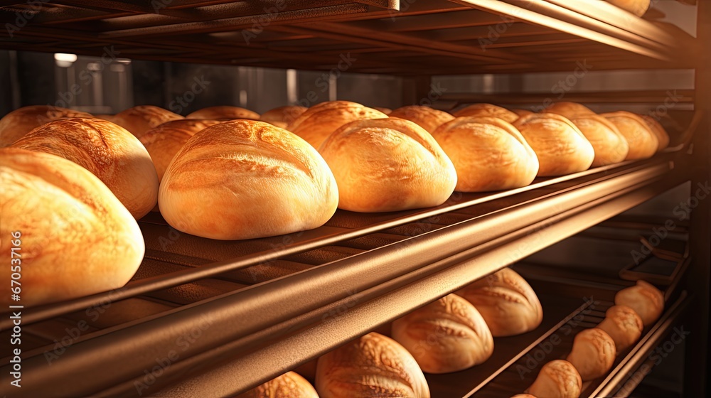 A lot of bread prepare to move on in the shelf. Bread bakery food factory production with fresh products. Automated production of bakery products.