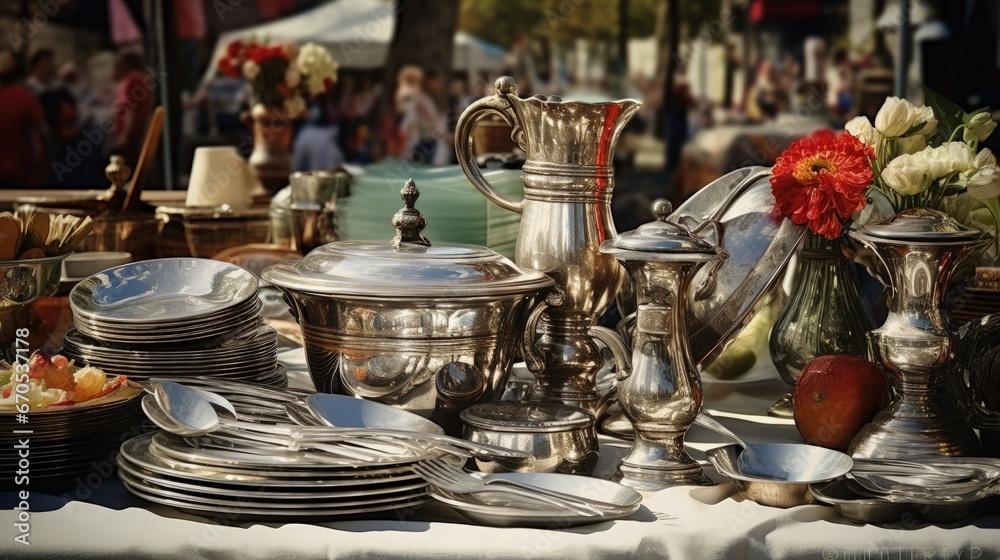 Fototapeta premium Silverware and dishes on a afternoon Parisian flea market
