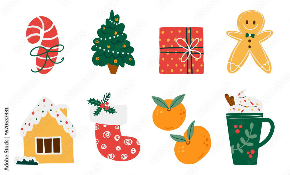 Merry Christmas elements set in cartoon style. Cute Christmas tree, house, gifts, food, decor. Xmas and New Year decoration. Flat vector illustration Merry Christmas elements set in cartoon style. Cute Christmas tree, house, gifts, food, decor. Xmas and New Year decoration. Flat vector illustration