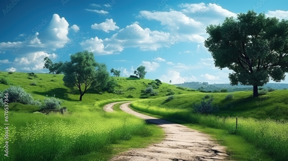 country road and green trees in summer. 3d illustration of a piece of green land isolated, creative travel and tourism off-road design trees.