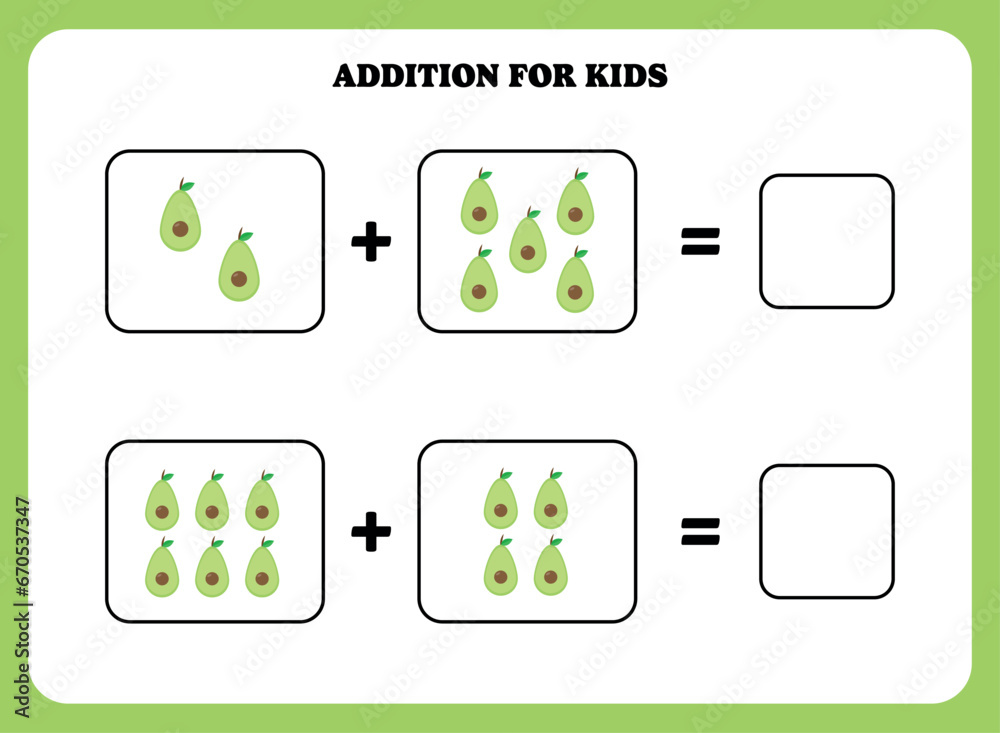 Addition page for kids. Educational math game for children with avocado ...