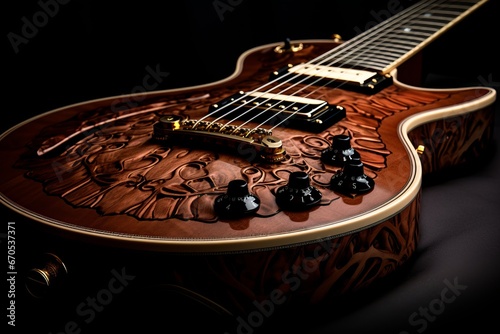 Elegant Presentation of a Handcrafted Guitar, Emphasizing Its Design and Craftsmanship, in Close-Up photo