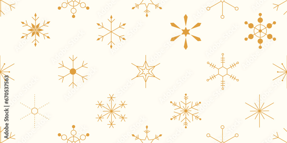 Golden snowflakes seamless pattern. Christmas repeating background with geometric simple flakes. Vintage Xmas vector design Golden snowflakes seamless pattern. Christmas repeating background with geometric simple flakes. Vintage Xmas vector design