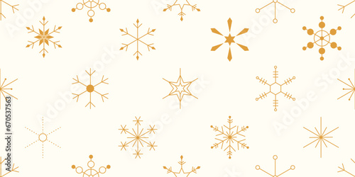 Golden snowflakes seamless pattern. Christmas repeating background with geometric simple flakes. Vintage Xmas vector design