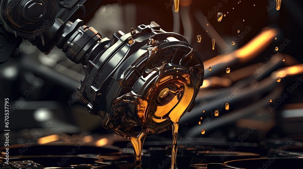 Pouring oil lubricant motor car from black bottle on engine background oil change auto shop - obrazy, fototapety, plakaty 
