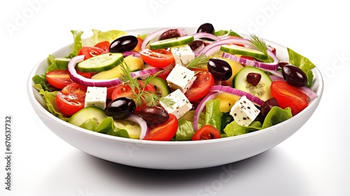 Classic Greek salad with fresh vegetables, feta cheese and olives. Healthy food. isolated on white background. top view