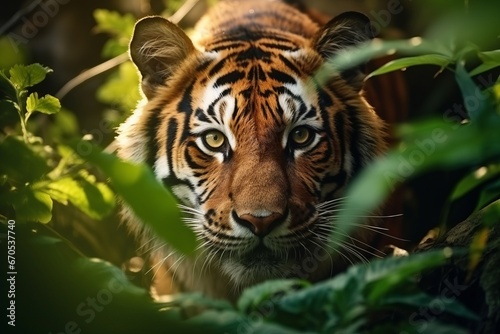 Wild tiger with green eyes stalking over the green leaves © Denis