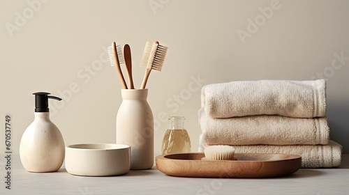 accessories for bath bowl, soap dispenser, brushes, tooth brush, towel and organic dry shampoo for personal hygiene. Zero waste, plastic free, sustainable decor for bathroom interior photo