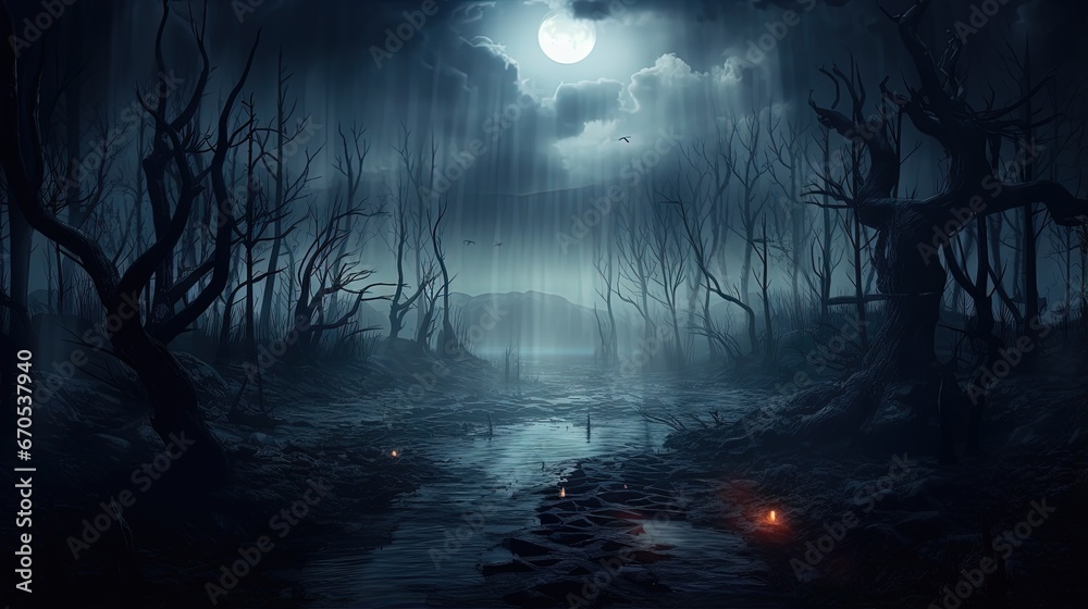 Happy Halloween holiday background with copy space. Dark landscape with creepy trees and moon. Fairytalle forest with fog. Ominous sky on Halloween night.