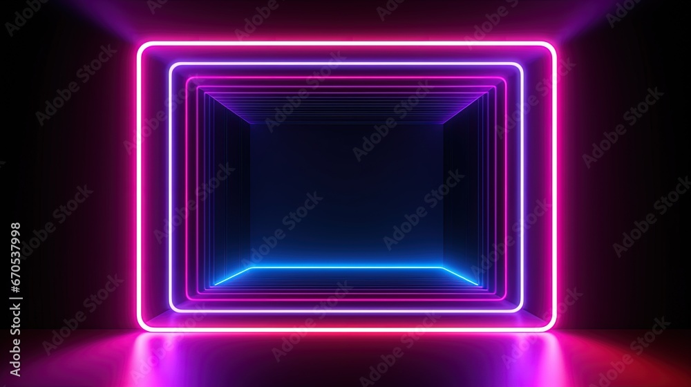 3d render, abstract background, square portal, glowing lines, tunnel, neon lights, virtual reality, arch, pink blue spectrum vibrant colors, laser show, blank space, frame isolated on black