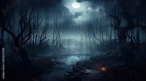 Happy Halloween holiday background with copy space. Dark landscape with creepy trees and moon. Fairytalle forest with fog. Ominous sky on Halloween night.