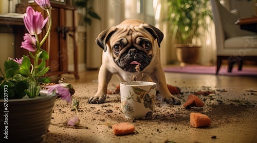 Funny Animal Moment: Pug Dog Overturns Potted Flower, eats the dirt, Makes a Mess in Whole Apartment. Adorable Cute Silly Looking Puppy Creating Chaos Everywhere, Ruining Furnitre, Plants, Carpet photo