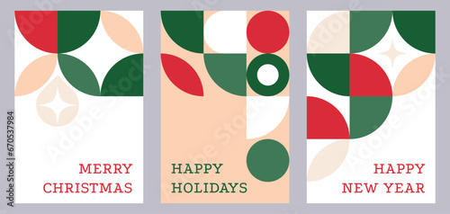 Merry Christmas greeting card template set for holiday celebration event. Modern style Xmas backgrounds. Flat vector illustrations