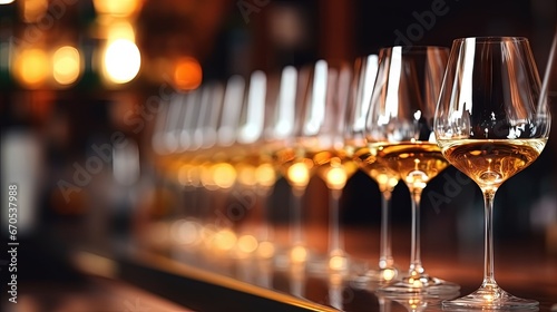 Hospitality concept  Banquet and catering party  Soft selective focus of shining wine glass  Row of glasses in the line on the counter bar with warm light  Food and beverage background.
