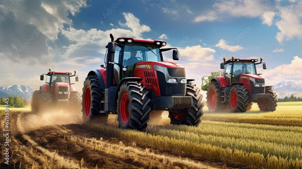 Fototapeta premium Agricultural tractors working cultivating preparing planting area, machinery, buoys, saving labor costs in the agricultural industry, agricultural tools, modern farming, smart farms, logistics technol