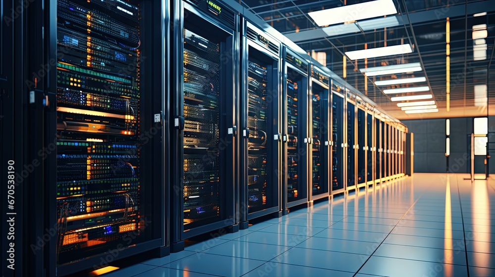 Shot of a Working Data Center With Rows of Rack Servers.