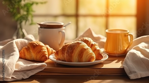 dish towel, fresh croissant and ceramic cups of tea on bamboo tray on wooden tabletop with sun light on kitchen background interior, breakfast concept © HN Works
