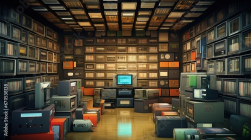 Various storages for music. The concept of the evolution of retro data warehouses. © HN Works