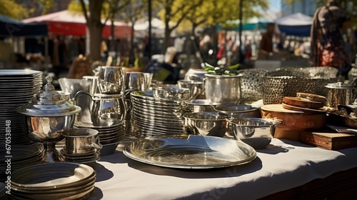 Silverware and dishes on a afternoon Parisian flea market