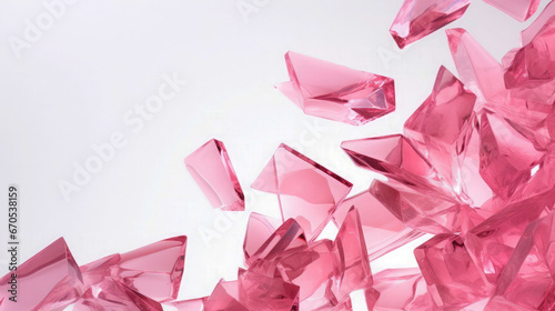 Glass shards scattered and pink with different geometric form on white background photo