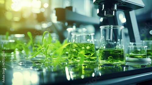 macro microscope closeup shot of green algae water plant with biotechnology science laboratory background, alternative fuel or nature bio-fuel experiment research in biology and environment technology photo