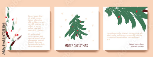 Merry Christmas and Happy New Year social media post templates. Winter holidays square greeting card design set. Xmas sale banner, festive background. Hand drawn cartoon vector illustration