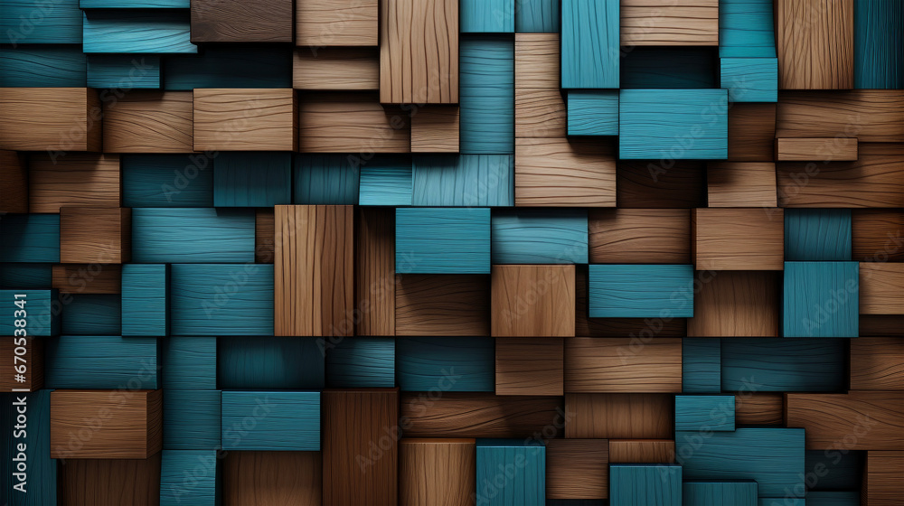 Shapes, blocks, cubes or boxes of wood with structure on different layers in 3d as pattern, brown and turquoise Shapes, blocks, cubes or boxes of wood with structure on different layers in 3d as pattern, brown and turquoise