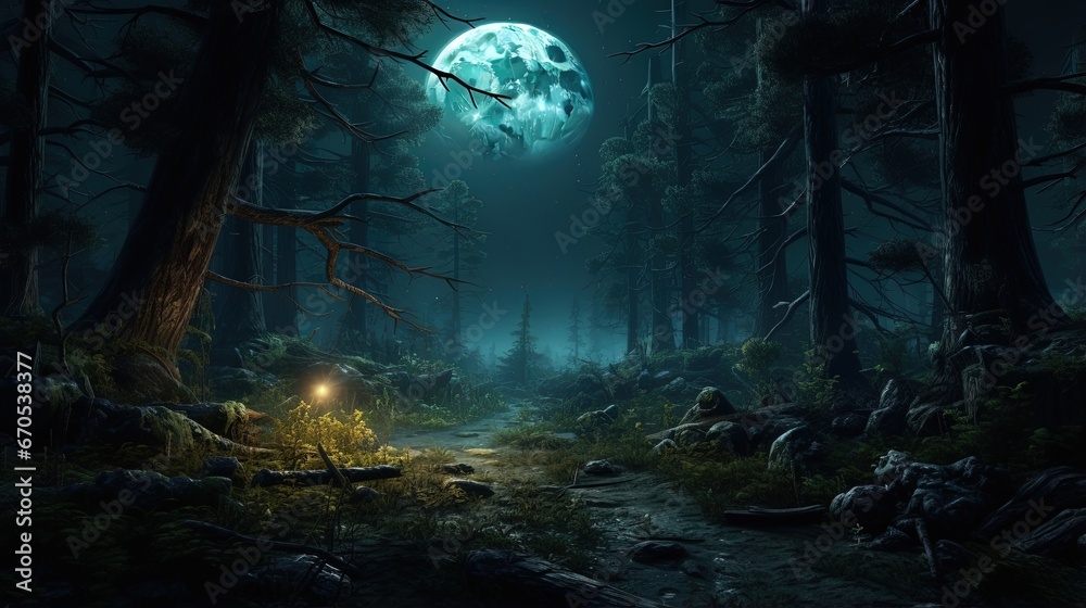 Obraz na płótnie Bright full moon in dark fairy tale forest as wallpaper design background w salonie